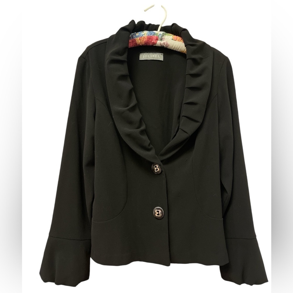 Jolibel L black 2 button shawl collar puffy cuffs stretch crop blazer